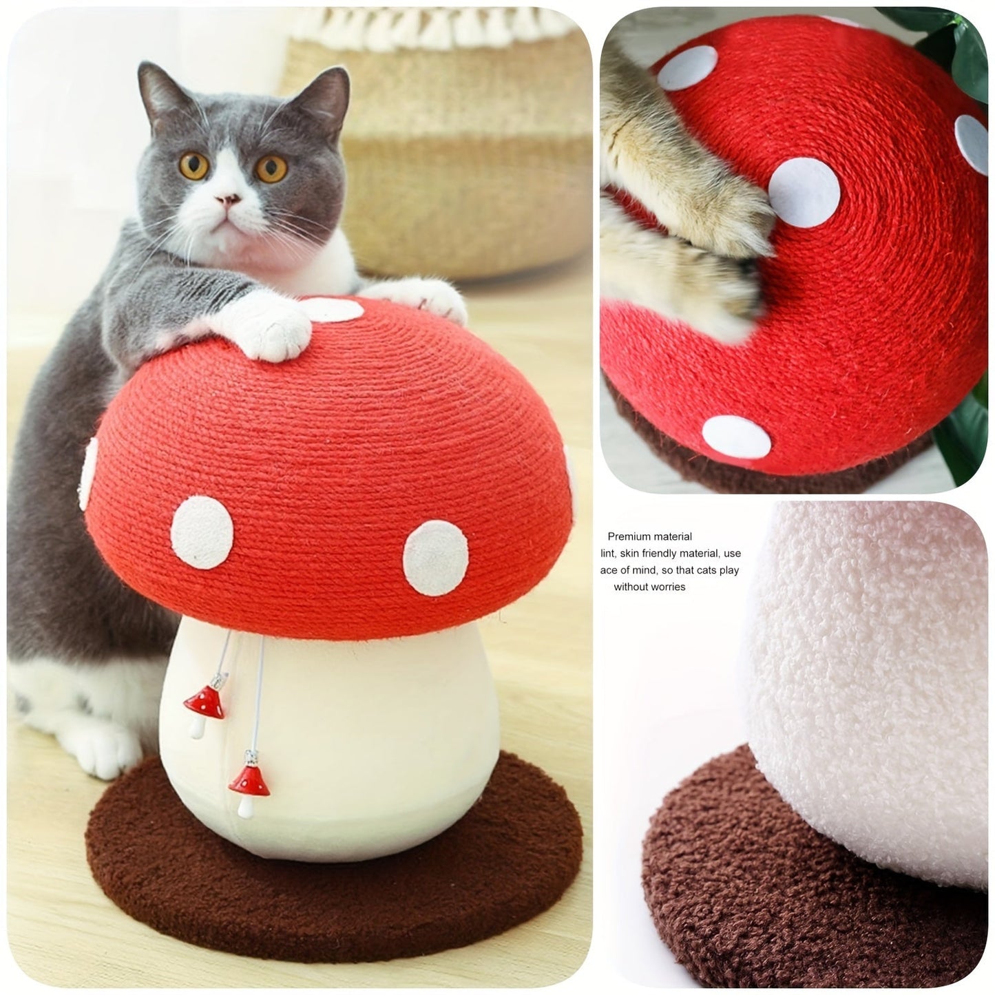 Sisal Rope Mushroom Scratching Post - Cute Cat Scratcher Pet Training Toy For Indoor Cats