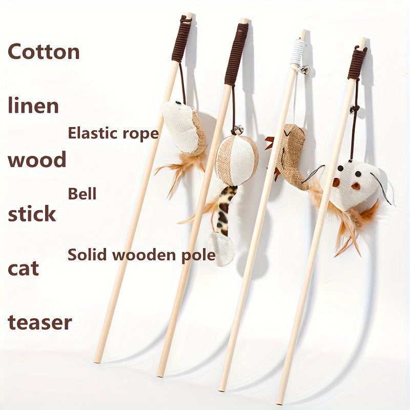 Interactive Cat Teaser Toy with Natural Wood Stick, Durable Hemp Mouse and Bell - Plush Pet Toy with Non-Fading Feathers, Multiple Styles Available - For All Breed Cats -  Fun & Engaging Playtime - Perfect Gift for Cat Lovers