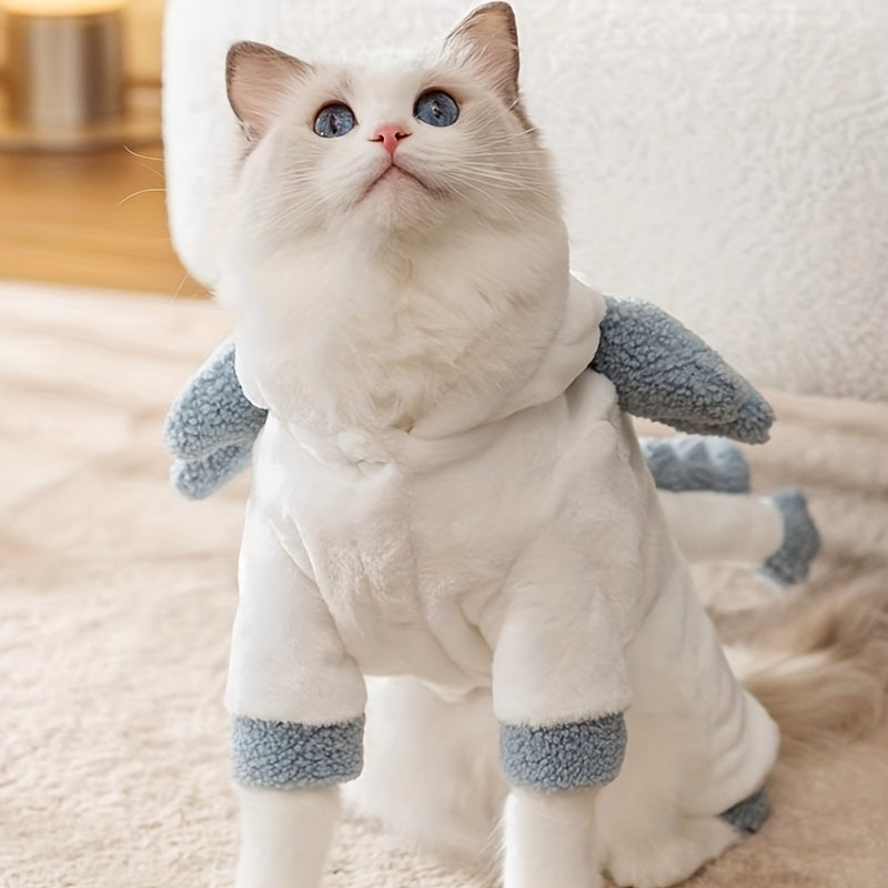 1pc Winter Dragon Costume Cat Suit, Cute Four-Legged Plush Outfit for Small, Medium, Large, and Extra Large Pets, Polyester, Snap Button Closure, Hand Wash Only