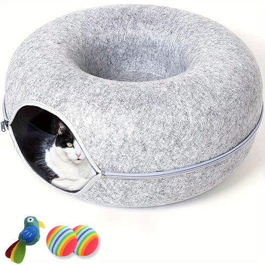 Cat Cave For Indoor Cats Large Cat Donut Cat Tunnel Bed Cat Cave With 3 Toys Scratch Resistant Cat Bed For Cats Up To 30 Lbs