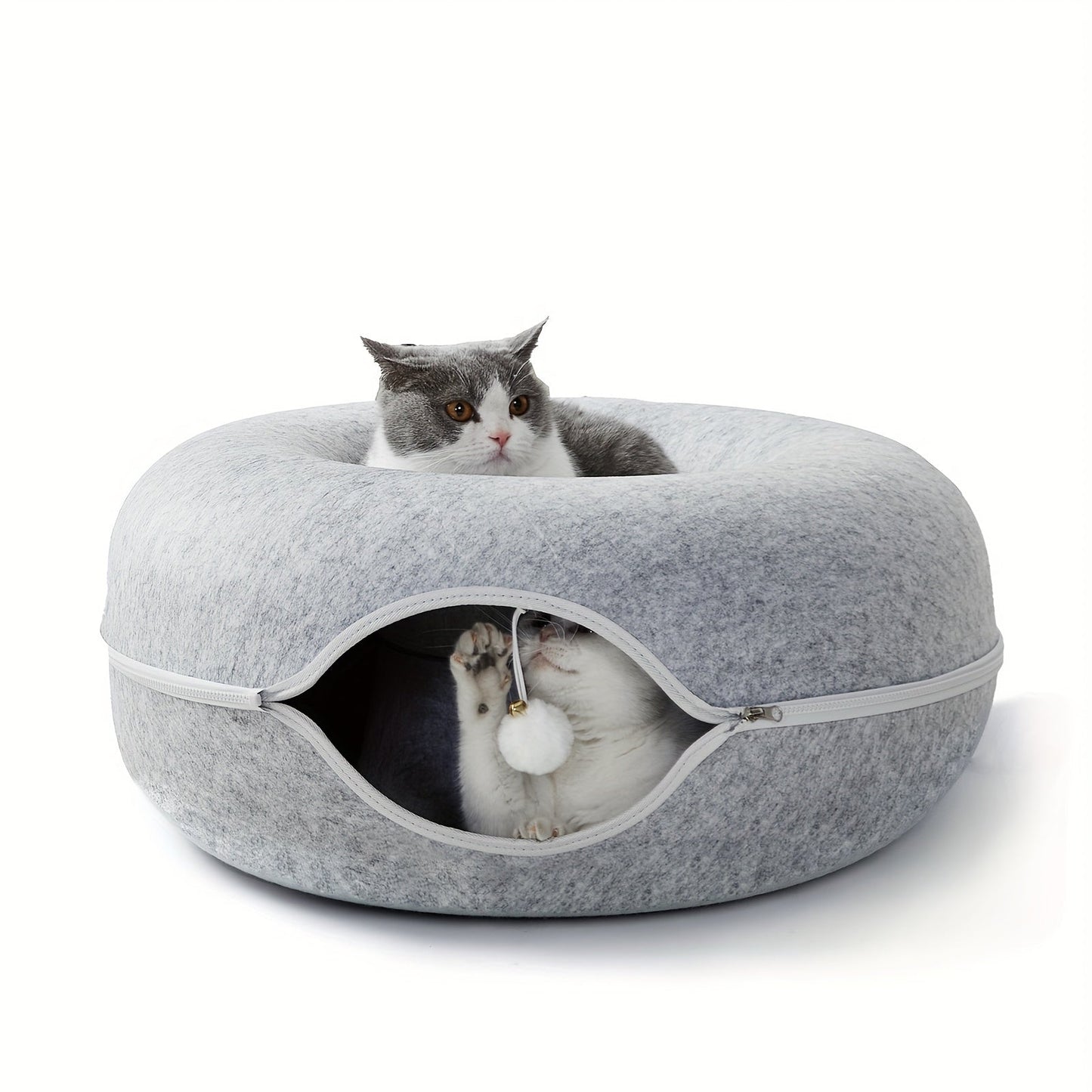 Cat Tunnel Bed with Toy Balls for Multiple Cats and Large Cats, Peekaboo Cat Litter for Indoor Cats, Large Donut Cat Bed and Litter Box, Large Tooth Zipper, Removable and Washable Scratching Cat Tunnel