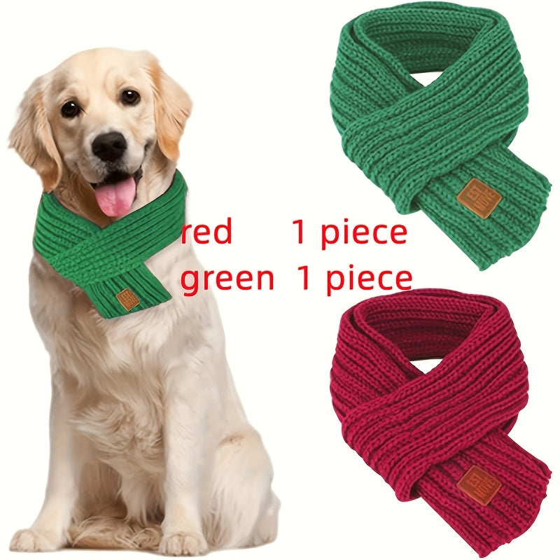 2pcs Festive Knit Dog Scarf Set in Red & Green with Faux Leather Label - Adjustable, Warm Pet Kerchief for Christmas, Birthdays & Winter Celebrations