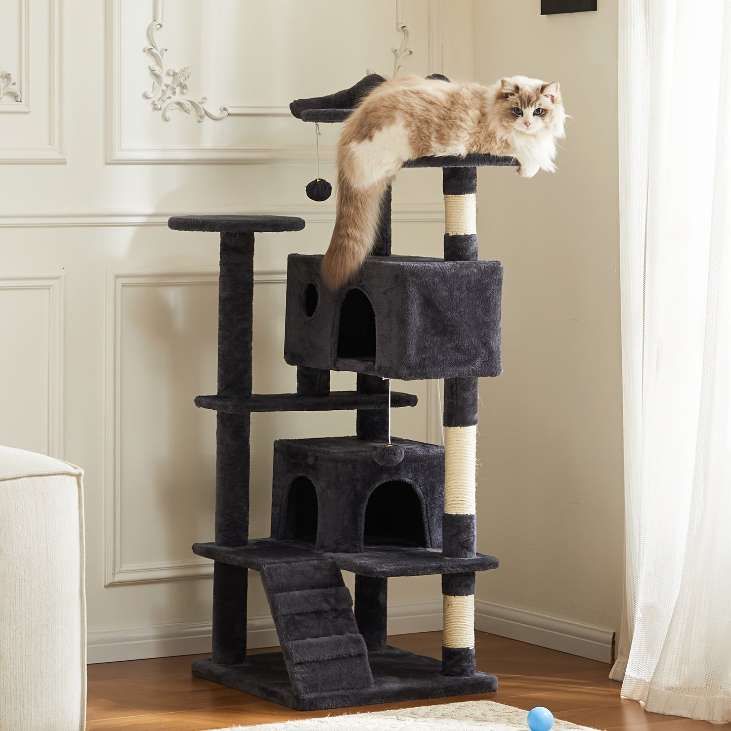 54in Multi-Level Cat Tree Tower with Sisal Scratching Post, Anti-Tilt Device, 2 Large Condo Bed, Pet House for Indoor Cats