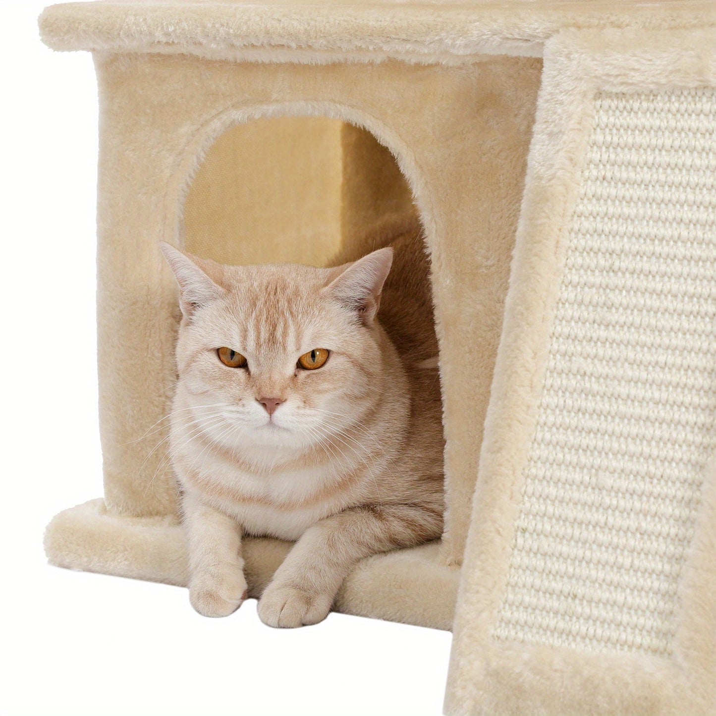 Double Condos Walnut Cat Tree Wooden Cat Tower With Spacious Perch, Fully Wrapped Scratching Sisal Posts And Replaceable Dangling Balls