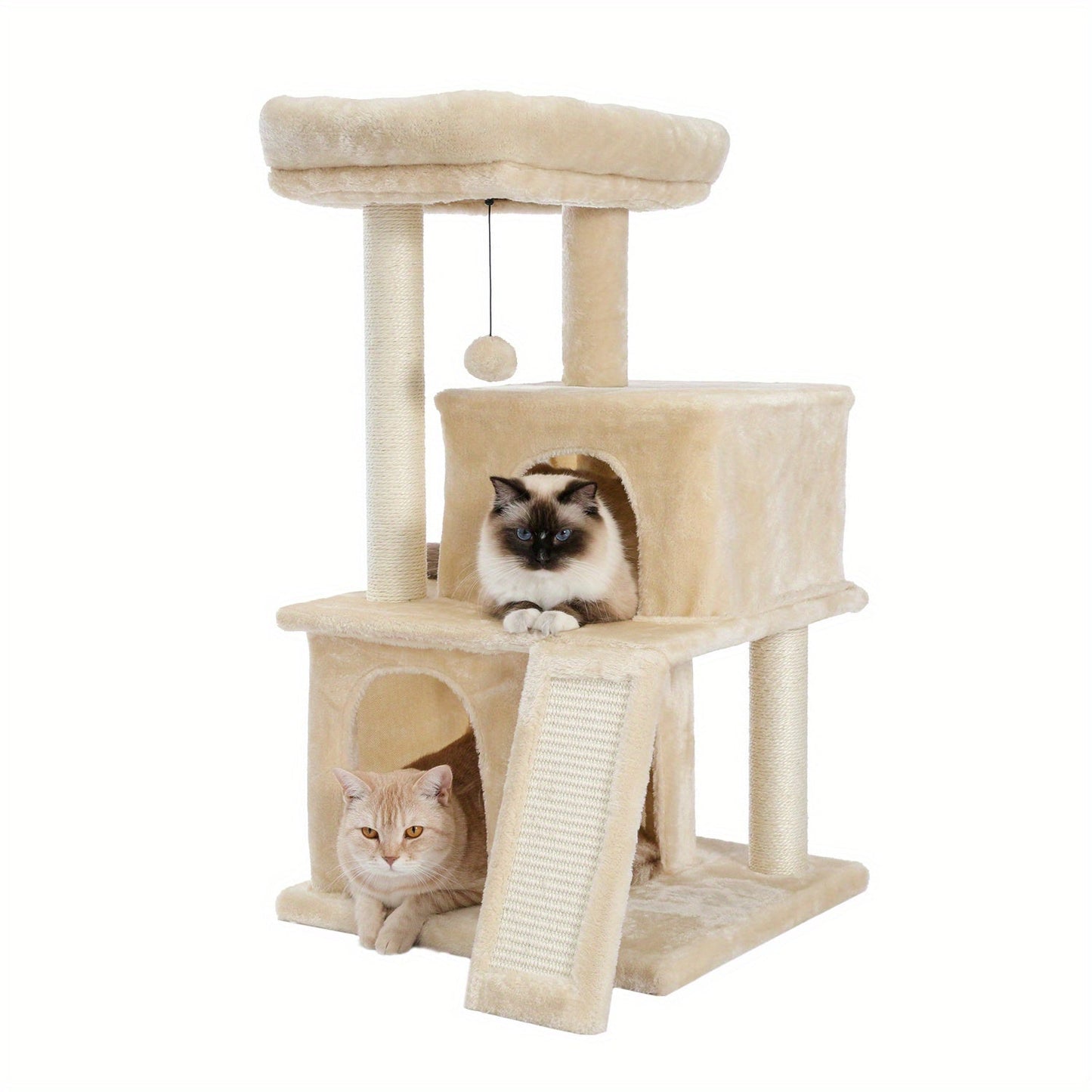 Double Condos Walnut Cat Tree Wooden Cat Tower With Spacious Perch, Fully Wrapped Scratching Sisal Posts And Replaceable Dangling Balls