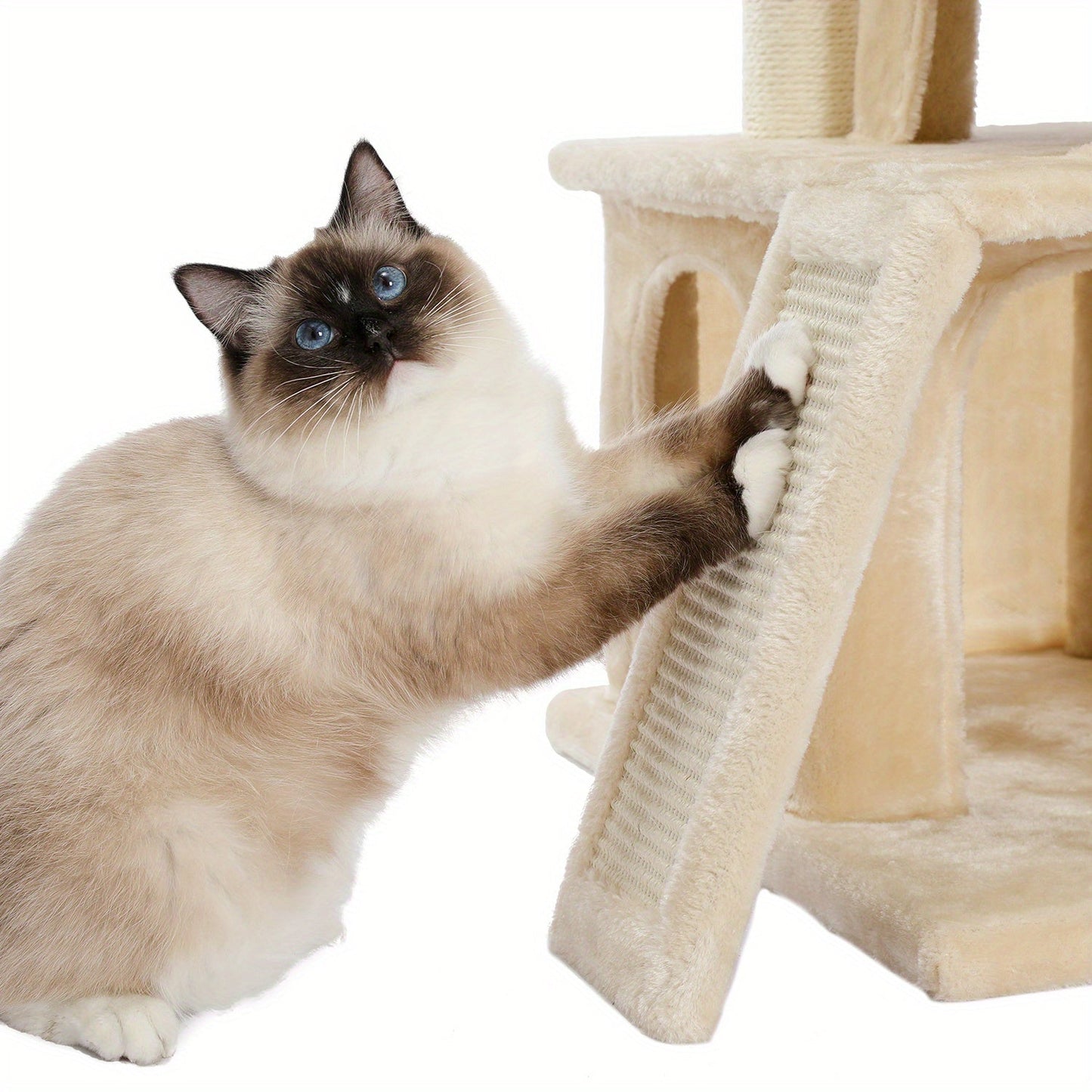 Double Condos Walnut Cat Tree Wooden Cat Tower With Spacious Perch, Fully Wrapped Scratching Sisal Posts And Replaceable Dangling Balls