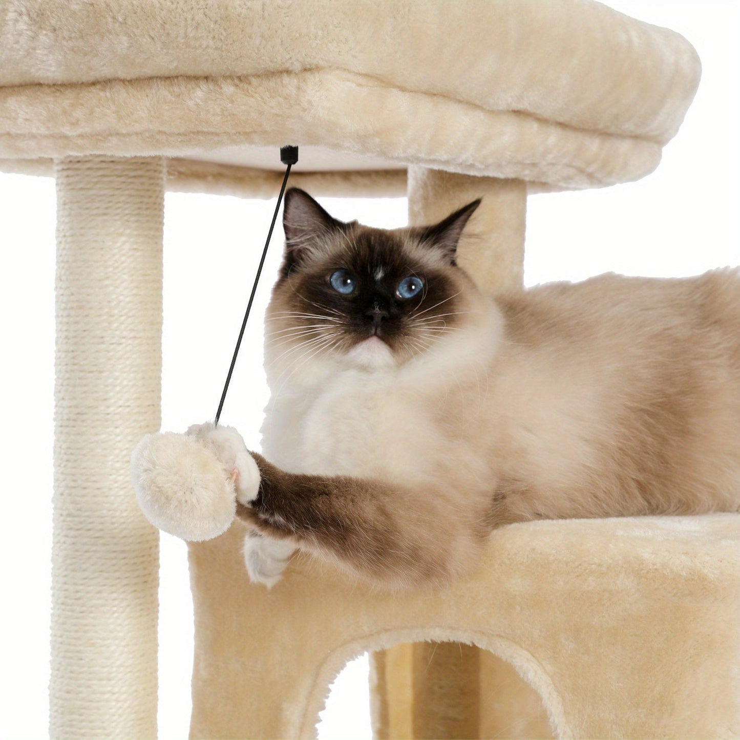 Double Condos Walnut Cat Tree Wooden Cat Tower With Spacious Perch, Fully Wrapped Scratching Sisal Posts And Replaceable Dangling Balls