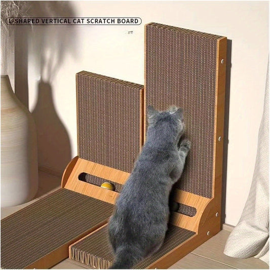 Large L-Shaped Cat Scratcher Board - Double-Sided, Wear-Resistant, Non-Falling Debris, Scratch-Resistant, Corrugated Paper Surface, Bell Ball Toy, Anti-Scratching Sofa Protector for Cats