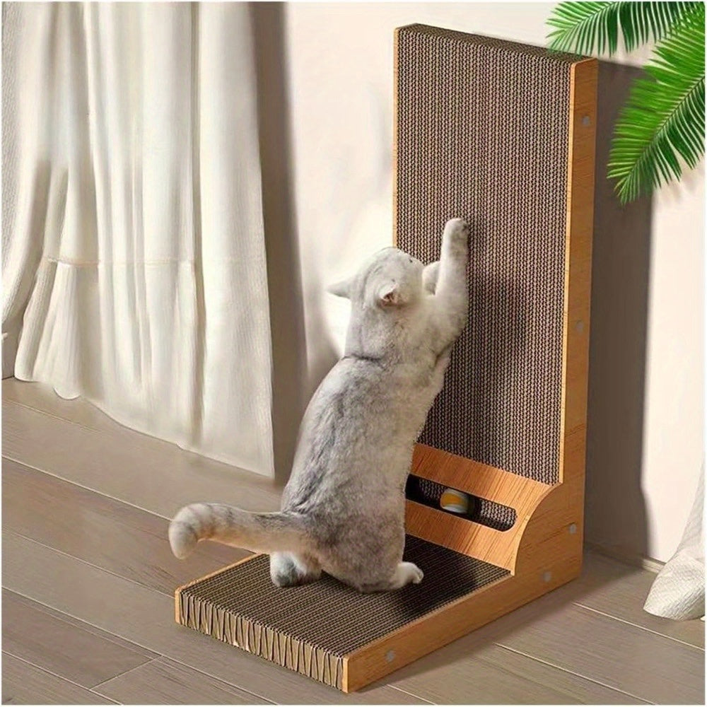 Large L-Shaped Cat Scratcher Board - Double-Sided, Wear-Resistant, Non-Falling Debris, Scratch-Resistant, Corrugated Paper Surface, Bell Ball Toy, Anti-Scratching Sofa Protector for Cats