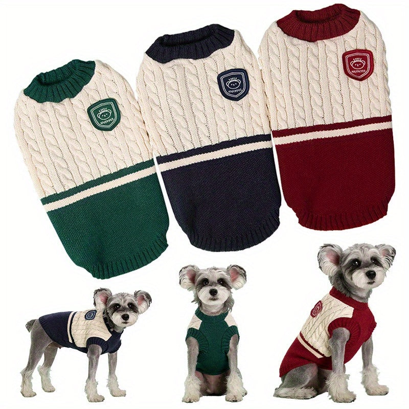 Cozy Knit Dog Sweater - Preppy Style Winter Pet Apparel for Small to Medium Breeds, Warm Pullover Vest in Red, Green, Khaki, Gray, for Winter, Autumn, Spring