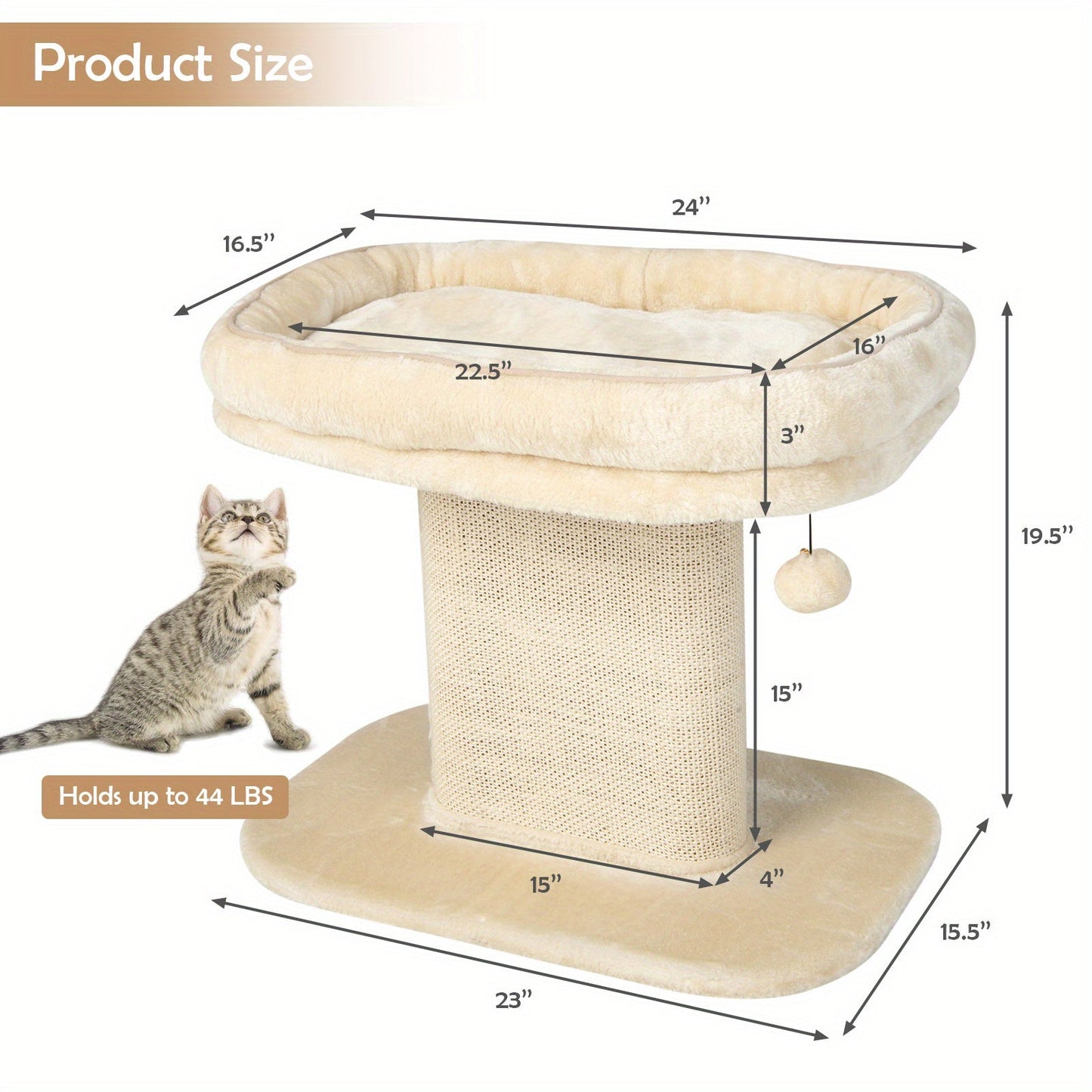 Modern Cat Tree Tower for Kittens, Cat Activity Tower w/Large Plush Perch & Sisal Scratching Plate, Interactive Ball, Cat Home Furniture for Indoor Cats to Play & Rest, Beige/Grey