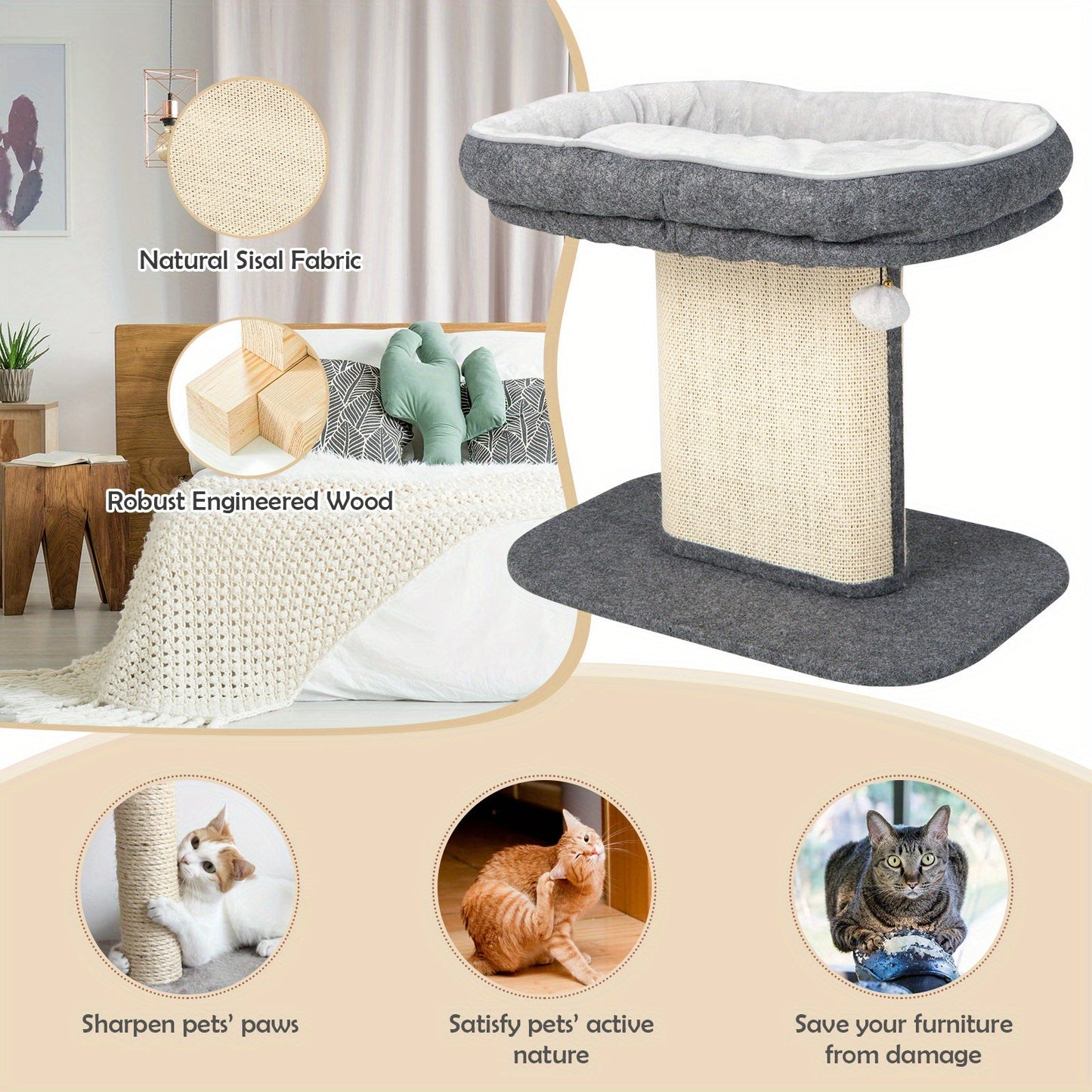 Modern Cat Tree Tower for Kittens, Cat Activity Tower w/Large Plush Perch & Sisal Scratching Plate, Interactive Ball, Cat Home Furniture for Indoor Cats to Play & Rest, Beige/Grey