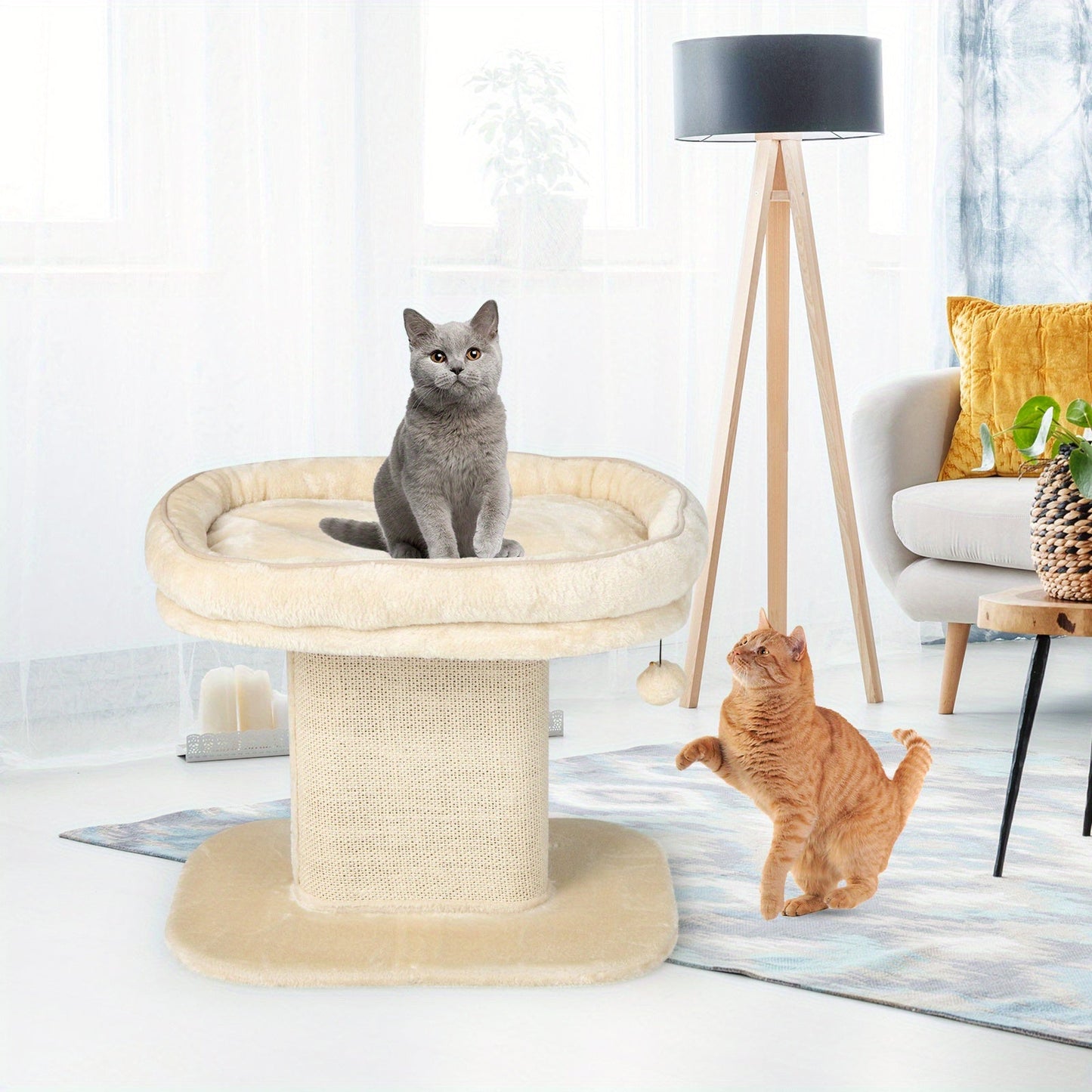 Modern Cat Tree Tower for Kittens, Cat Activity Tower w/Large Plush Perch & Sisal Scratching Plate, Interactive Ball, Cat Home Furniture for Indoor Cats to Play & Rest, Beige/Grey