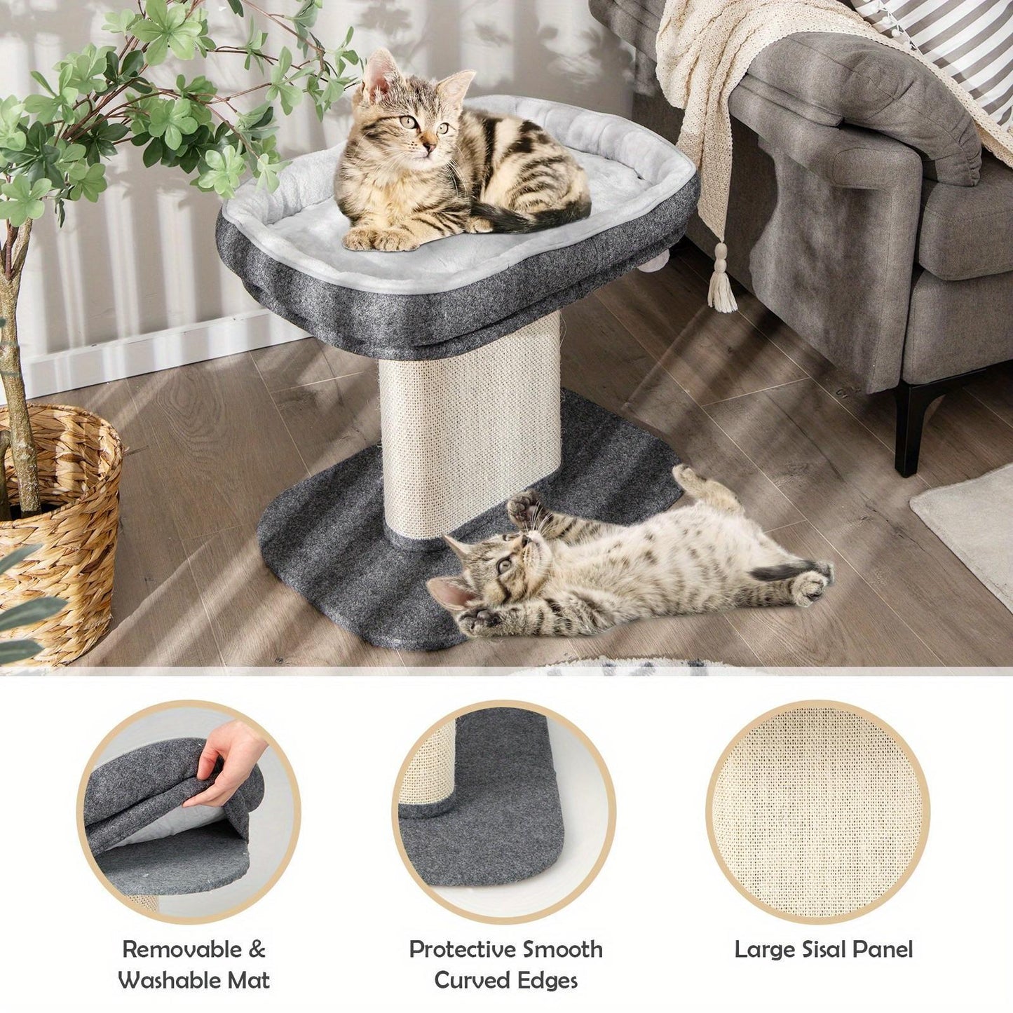 Modern Cat Tree Tower for Kittens, Cat Activity Tower w/Large Plush Perch & Sisal Scratching Plate, Interactive Ball, Cat Home Furniture for Indoor Cats to Play & Rest, Beige/Grey