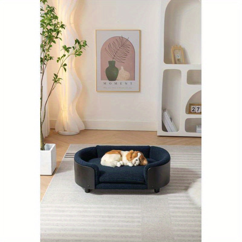 Scandinavian-Inspired Elevated Dog Bed - Mid Size Pet Sofa with Solid Wood Legs, Black Bentwood Backrest & Luxurious Fleece Cushion