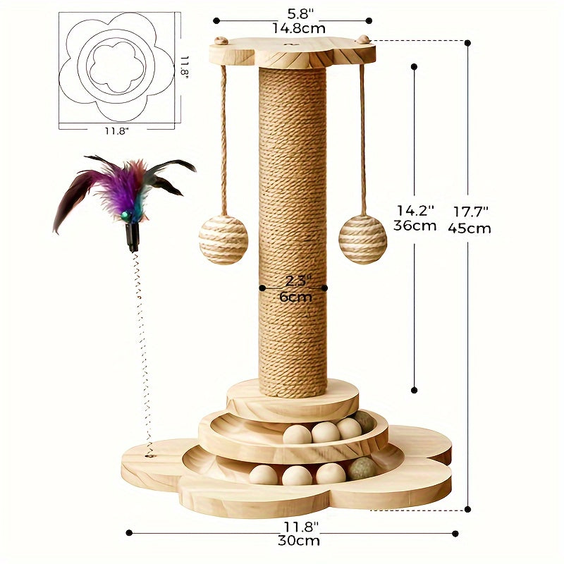 Cat Scratching Post, 4 In 1 Wooden Cat Scratcher Toy, 17.7" Tall Scratch Post With 2 Level Cat Track Balls, Interactive Cat Feather Toy And 2 Sisal Hanging Balls For Indoor Kittens, Adult Cats Christmas Thanksgiving Pet Gift Present