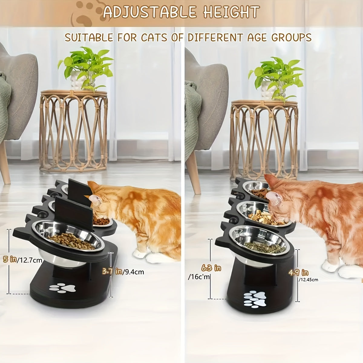 Raised Pet Feeder Station - 3 Stainless Steel Bowls, 15° Tilted, Adjustable, Elevated Cat Bowls for Cats and Small Dogs, Pet Food and Water Stand with Anti-Slip Base