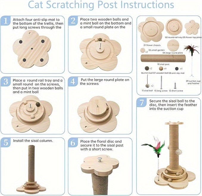 Cat Scratch Post, 18.11 Inches (approximately 46 Centimeters) High Sisal Cat Scratch Post, Cat Exercise, Self Entertainment, With Cat Turntable, 4-in-1 Interactive Trackball Toy, With Feathers, Vertical Cat Climbing Tree, With Hanging Plush Ball