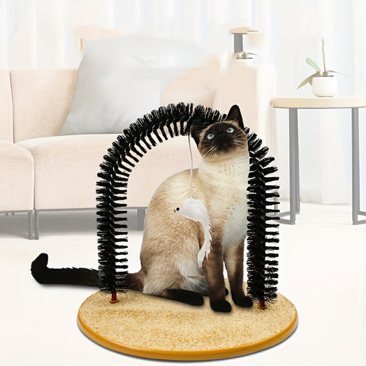 Self-Grooming Cat Arch Brush with Massage and Scratching Features - Durable Plastic Base with Gentle Bristles, Interactive Cat Toy for Hair Removal and Play