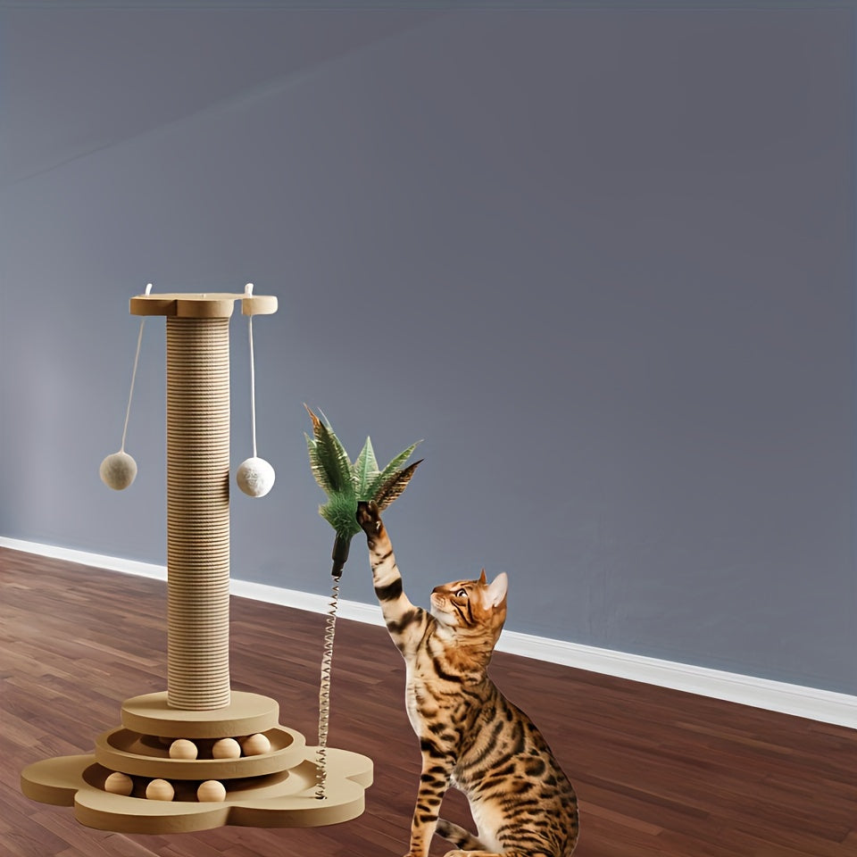 Cat Scratch Post, 18.11 Inches (approximately 46 Centimeters) High Sisal Cat Scratch Post, Cat Exercise, Self Entertainment, With Cat Turntable, 4-in-1 Interactive Trackball Toy, With Feathers, Vertical Cat Climbing Tree, With Hanging Plush Ball