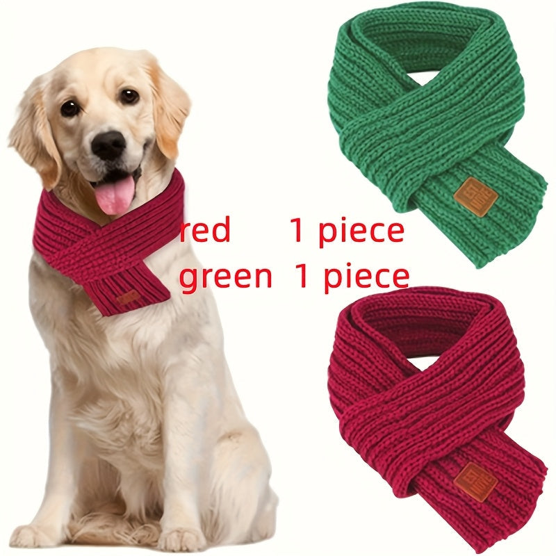 2pcs Festive Knit Dog Scarf Set in Red & Green with Faux Leather Label - Adjustable, Warm Pet Kerchief for Christmas, Birthdays & Winter Celebrations