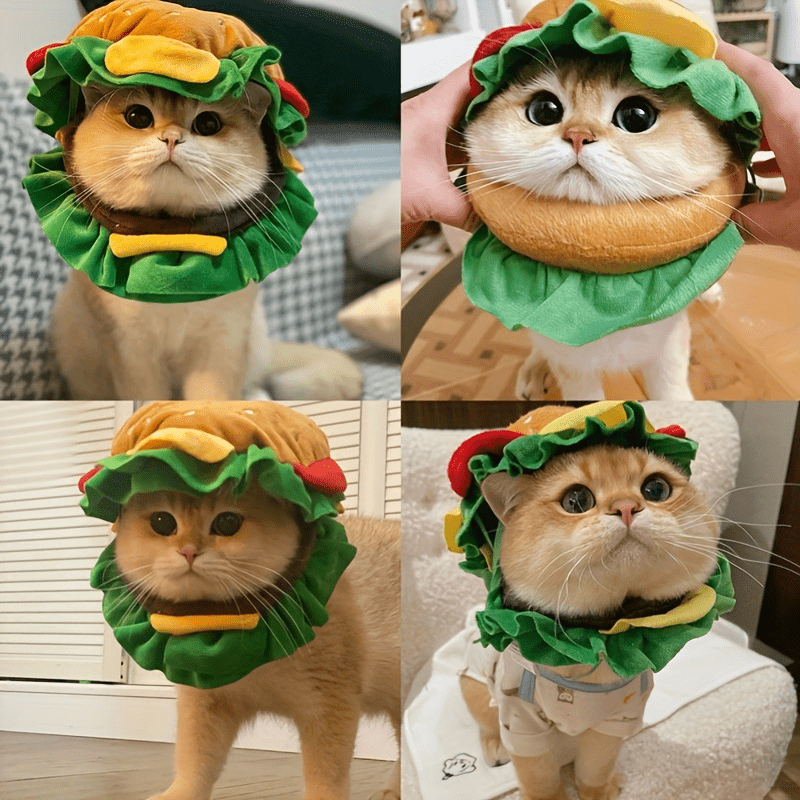 Whimsical Cat Hamburger Headgear Collar - Adorable Cartoon Pet Hat with Funny Cone Costume for Kitty Playtime - Soft, Adjustable, and Easy to Wear