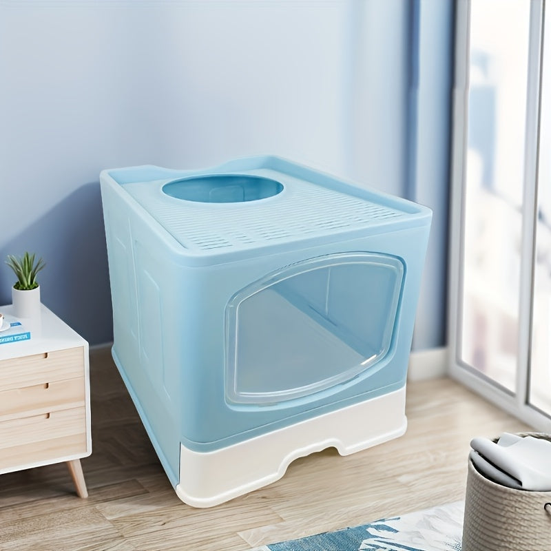 1pc WhiskerWonders Acrylic Rectangle Cat Litter Box with Lid, Anti-Splashing Enclosed Design, Top Entry Cat Toilet with Handy Drawer Scoop, Spillage Protection Cat Litter Basin