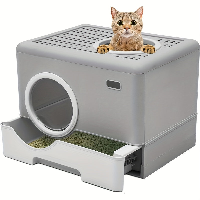 Cozrex Large Enclosed Cat Litter Box with Lid Cover&Litter Scoop, Front Entry Top Exit Door, Odorless Enclosed Design with Drawer, and Easy Cleaning (Gray)