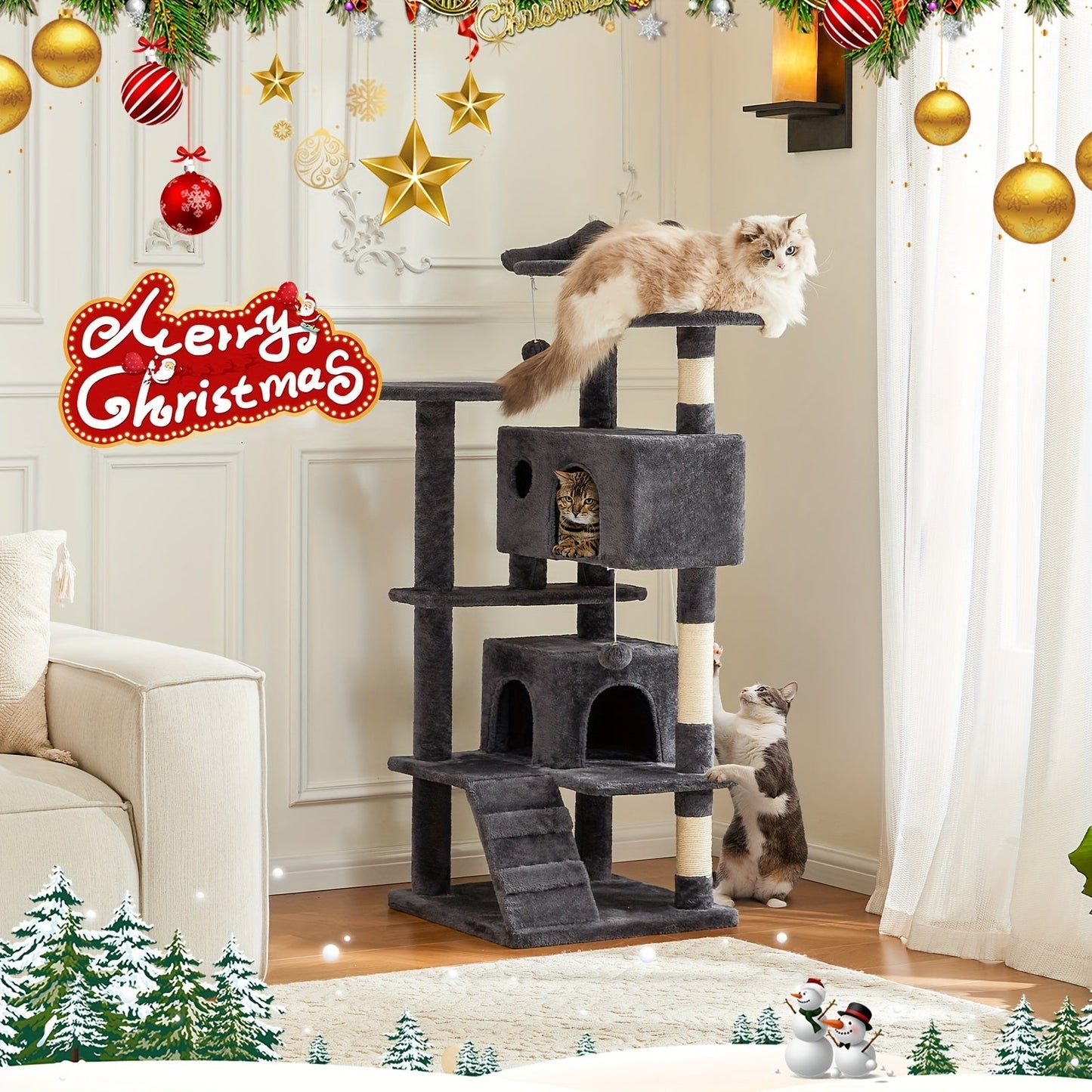 54in Multi-Level Cat Tree Tower with Sisal Scratching Post, Anti-Tilt Device, 2 Large Condo Bed, Pet House for Indoor Cats