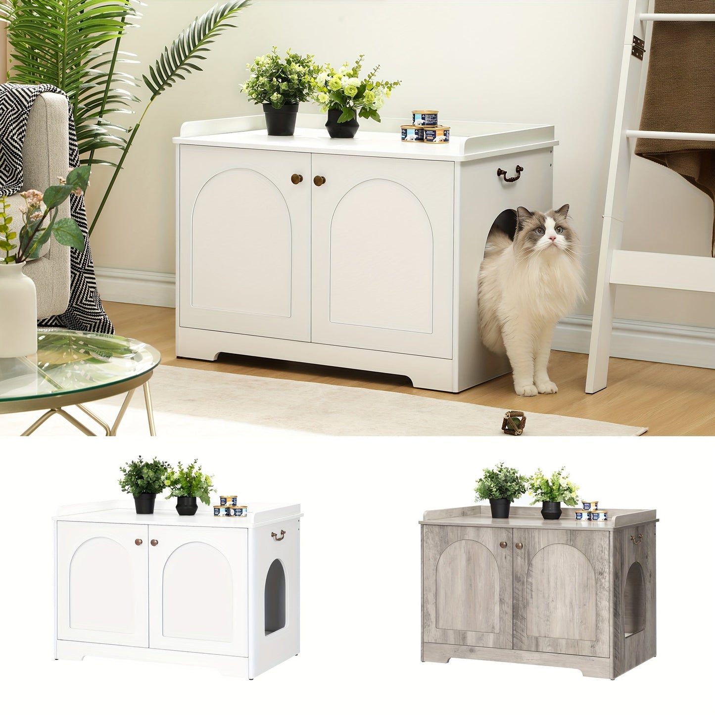 White Wooden Pet House Side End Table With Handles, Cat Litter Box Enclosure, Hidden Litter Box Furniture, Removable Partition, Waterproof Tape, For Living Room, Bedroom