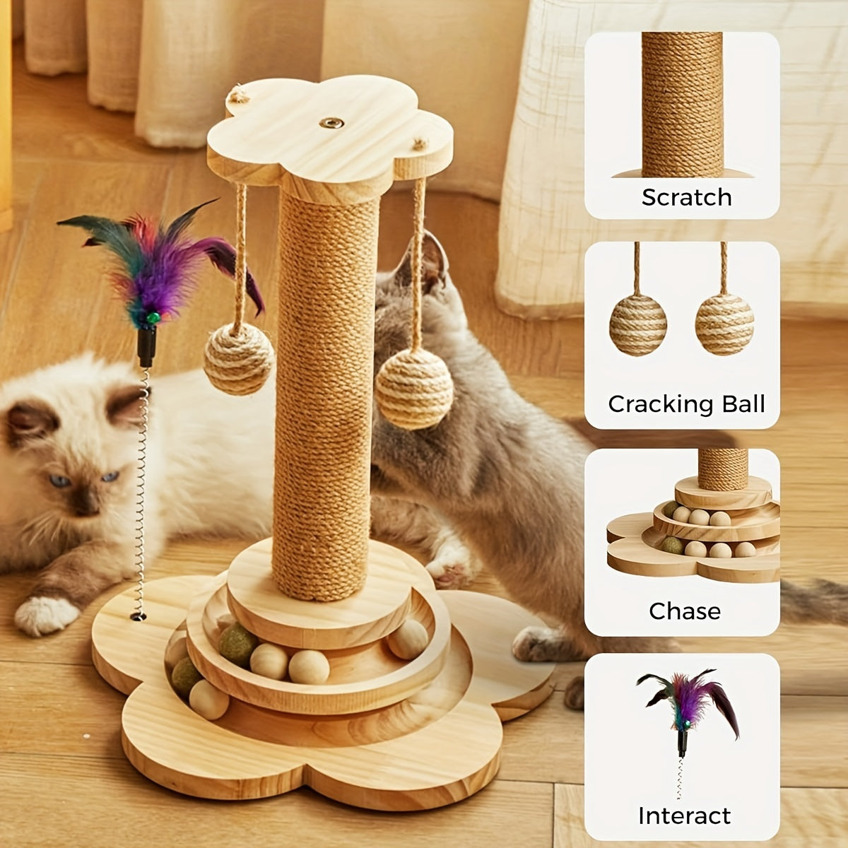 Cat Scratching Post, 4 In 1 Wooden Cat Scratcher Toy, 17.7" Tall Scratch Post With 2 Level Cat Track Balls, Interactive Cat Feather Toy And 2 Sisal Hanging Balls For Indoor Kittens, Adult Cats Christmas Thanksgiving Pet Gift Present