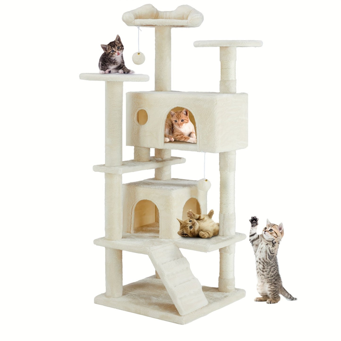 54in Multi-Level Cat Tree Tower with Sisal Scratching Post, Anti-Tilt Device, 2 Large Condo Bed, Pet House for Indoor Cats