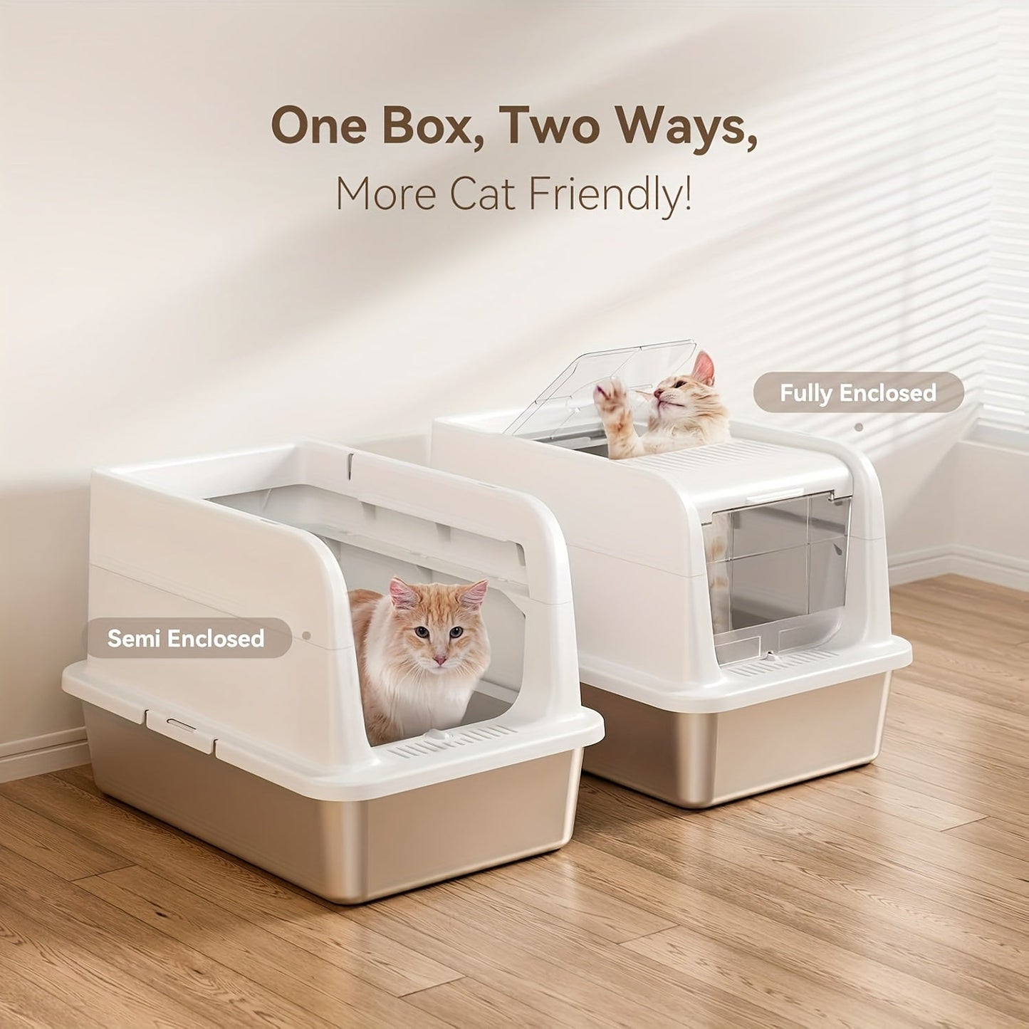 Large 24"x15"x15" Stainless Steel Cat Litter Box Enclosure - Adjustable Covered Metal Litter Pan with Anti-Leakage, Non-Sticky, Easy Clean Design - Enclosed & Open Top Side 2-Door Litter Box for Odor Control and Pet Hygiene