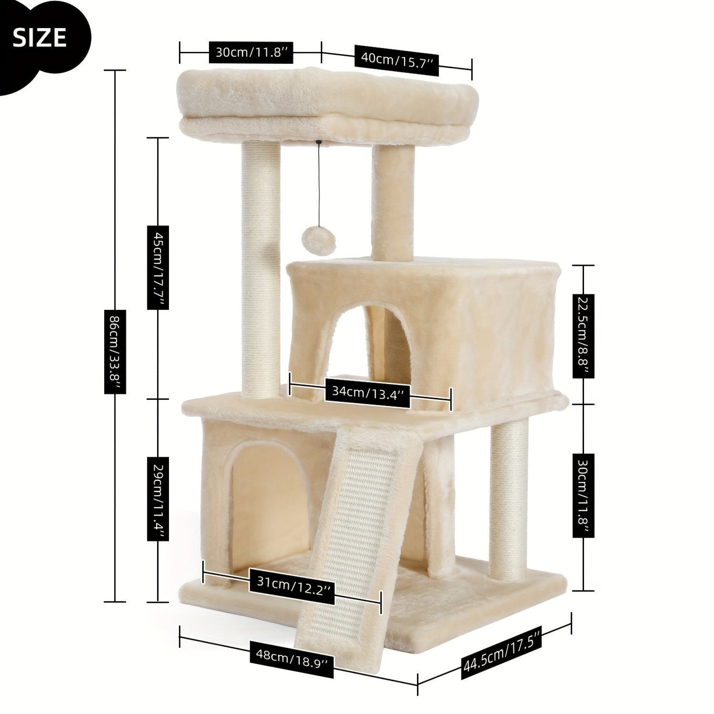 Double Condos Walnut Cat Tree Wooden Cat Tower With Spacious Perch, Fully Wrapped Scratching Sisal Posts And Replaceable Dangling Balls