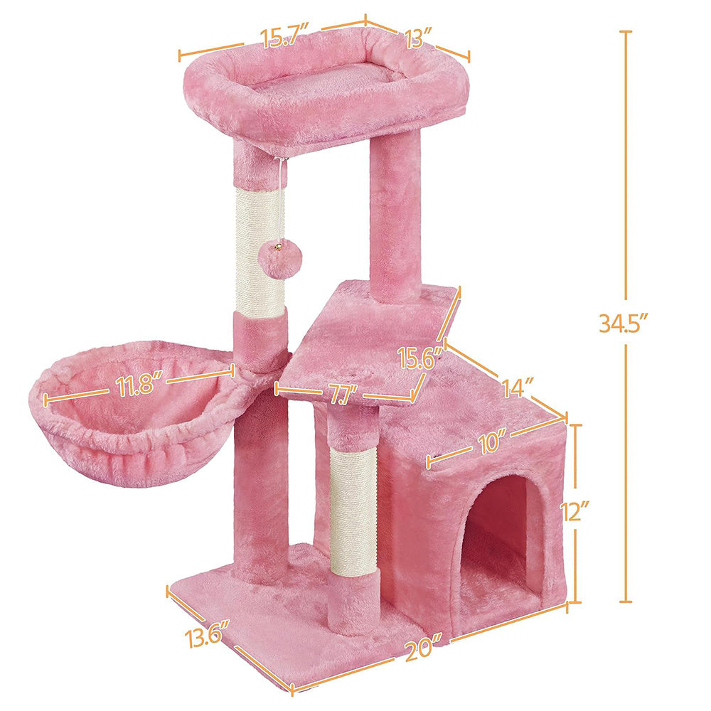 Freestanding Cat Tree, 34in Cat Tower, Multi-Level Cat Condo with Extra Scratch Boards and Sisal Posts as Kitty Activity Center for Living Room, Apartment, Home, Pink