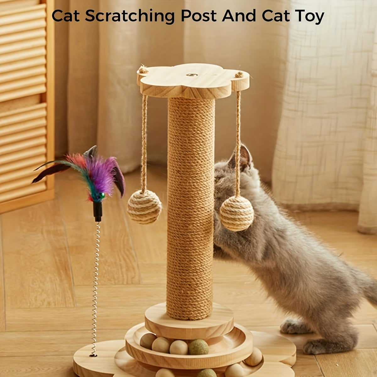 Cat Scratching Post, 4 In 1 Wooden Cat Scratcher Toy, 17.7" Tall Scratch Post With 2 Level Cat Track Balls, Interactive Cat Feather Toy And 2 Sisal Hanging Balls For Indoor Kittens, Adult Cats Christmas Thanksgiving Pet Gift Present