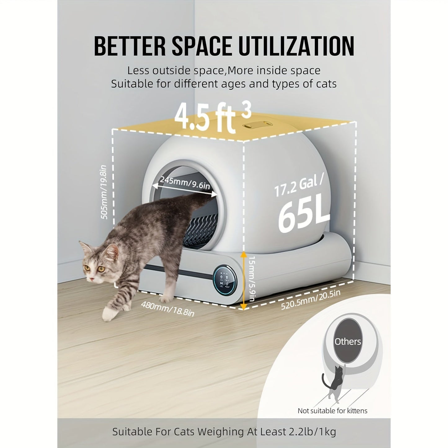 Self Cleaning Cat Litter Box, Automatic Cat Litter Box With Mat & Liners, 65L+9L Large Capacity Self Cleaning Litter Box, APP Control/Suitable For Multiple Cats