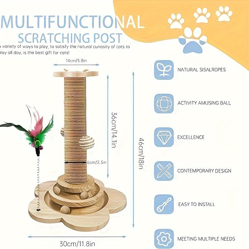 Cat Scratch Post, 18.11 Inches (approximately 46 Centimeters) High Sisal Cat Scratch Post, Cat Exercise, Self Entertainment, With Cat Turntable, 4-in-1 Interactive Trackball Toy, With Feathers, Vertical Cat Climbing Tree, With Hanging Plush Ball