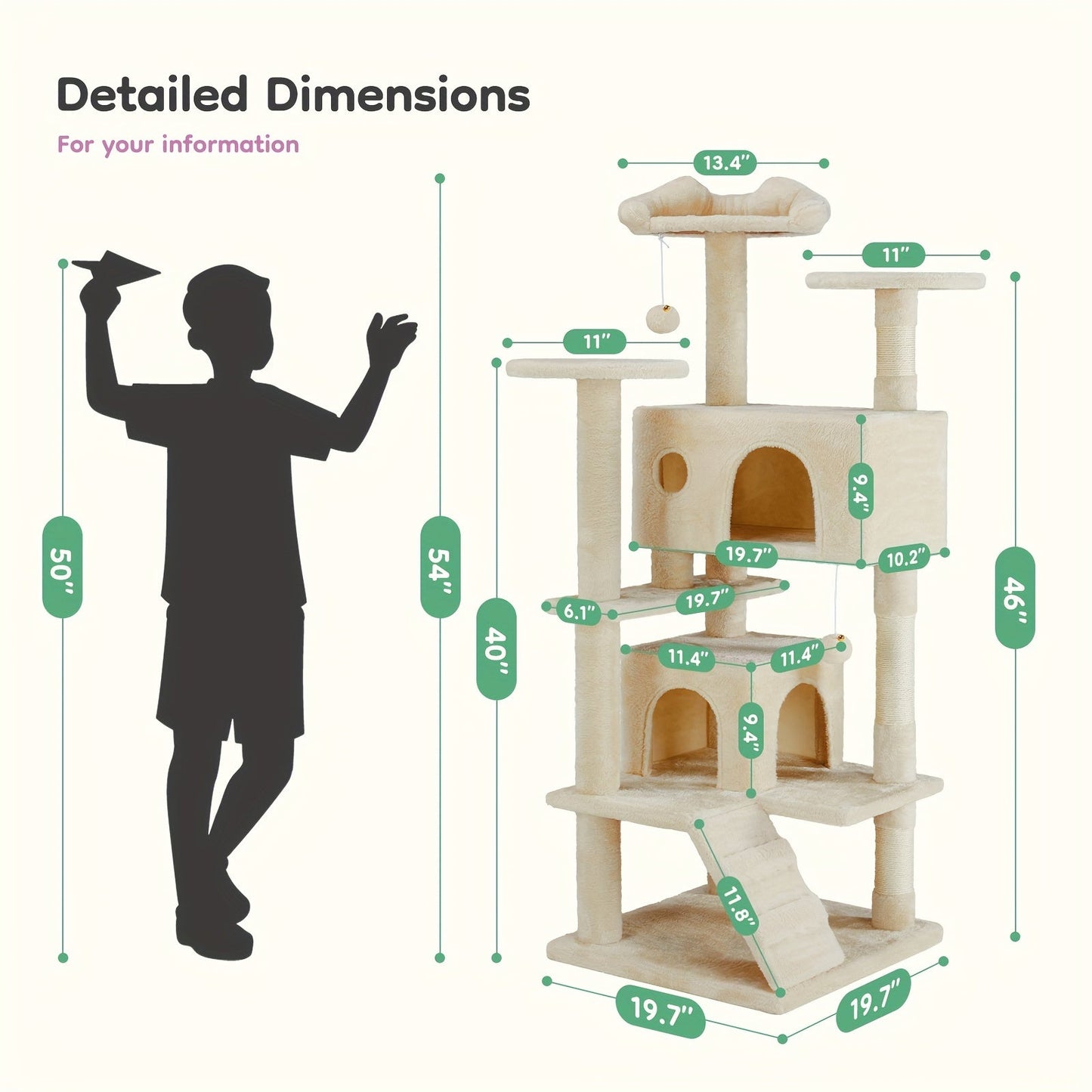 54in Large Multi-Level Cat Tree with Scratching Post, Climbing Ladder, Cat Furniture Condo House, Pet Toy Baskets, Bins & Containers for Indoor Cats