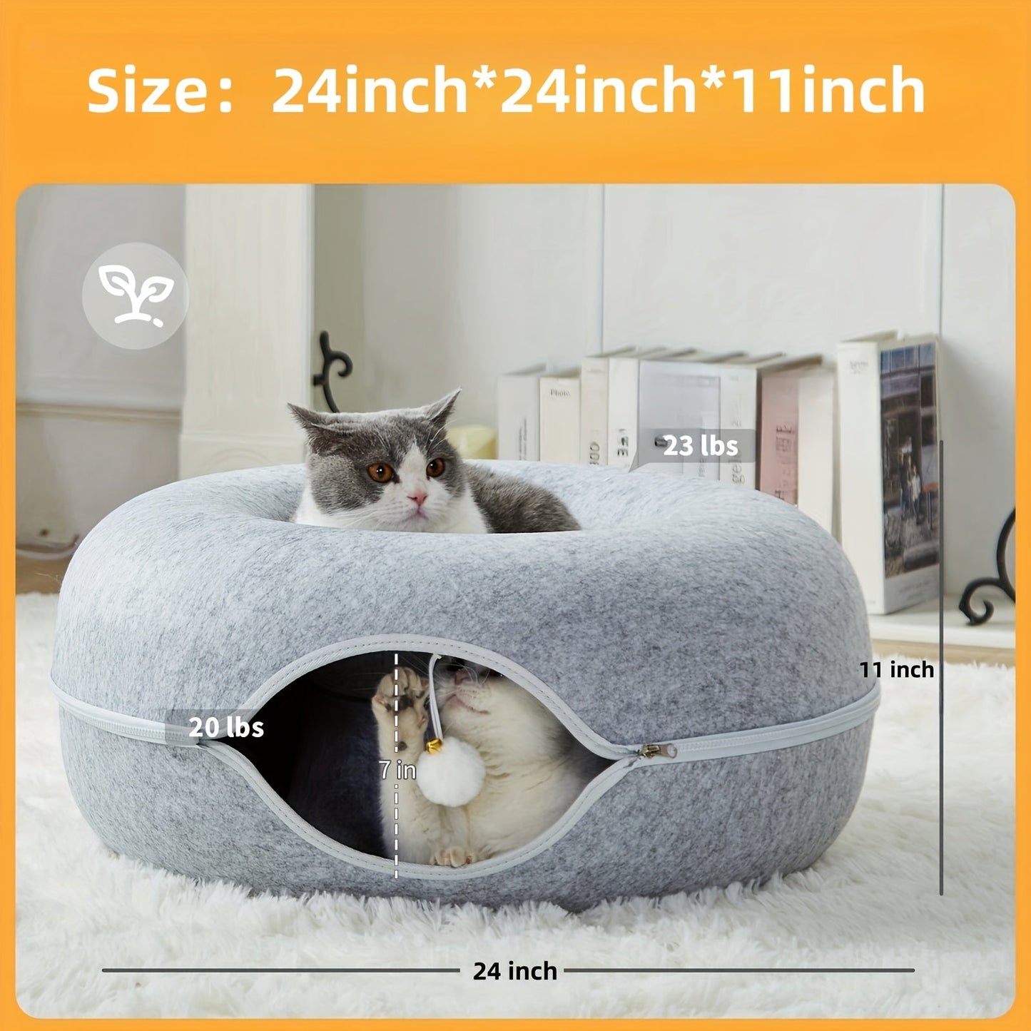 Cat Tunnel Bed with Toy Balls for Multiple Cats and Large Cats, Peekaboo Cat Litter for Indoor Cats, Large Donut Cat Bed and Litter Box, Large Tooth Zipper, Removable and Washable Scratching Cat Tunnel