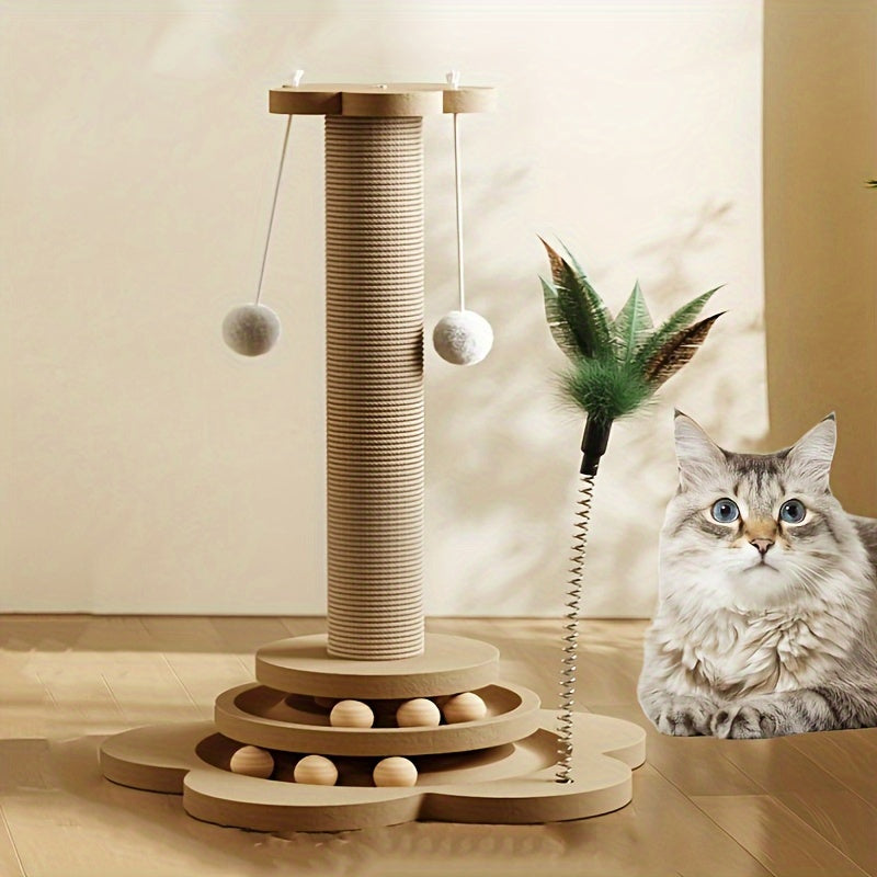 Cat Scratch Post, 18.11 Inches (approximately 46 Centimeters) High Sisal Cat Scratch Post, Cat Exercise, Self Entertainment, With Cat Turntable, 4-in-1 Interactive Trackball Toy, With Feathers, Vertical Cat Climbing Tree, With Hanging Plush Ball