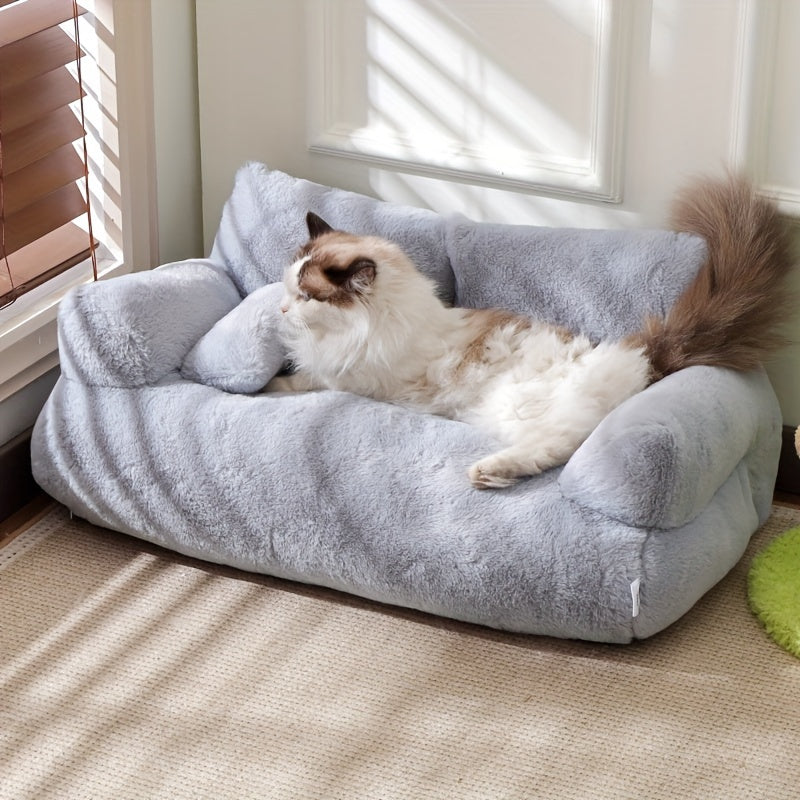 Cozy Winter Pet Bed for Cats & Dogs - Non-Slip, Washable Polyester Sofa with Soft Fiber Fill, Grey