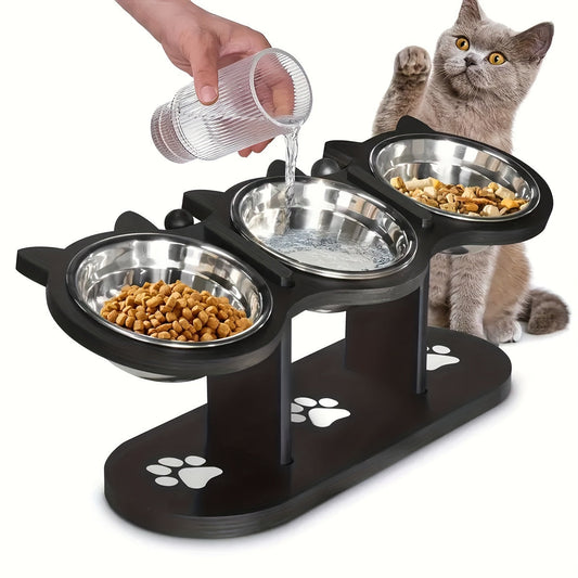 Raised Pet Feeder Station - 3 Stainless Steel Bowls, 15° Tilted, Adjustable, Elevated Cat Bowls for Cats and Small Dogs, Pet Food and Water Stand with Anti-Slip Base