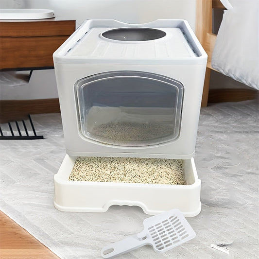 1pc WhiskerWonders Acrylic Rectangle Cat Litter Box with Lid, Anti-Splashing Enclosed Design, Top Entry Cat Toilet with Handy Drawer Scoop, Spillage Protection Cat Litter Basin