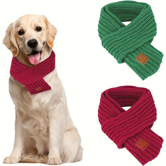 2pcs Festive Knit Dog Scarf Set in Red & Green with Faux Leather Label - Adjustable, Warm Pet Kerchief for Christmas, Birthdays & Winter Celebrations