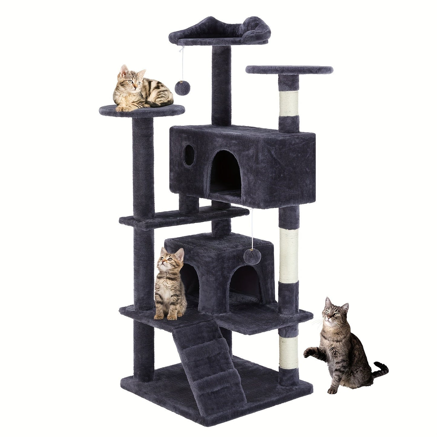 54in Multi-Level Cat Tree Tower with Sisal Scratching Post, Anti-Tilt Device, 2 Large Condo Bed, Pet House for Indoor Cats