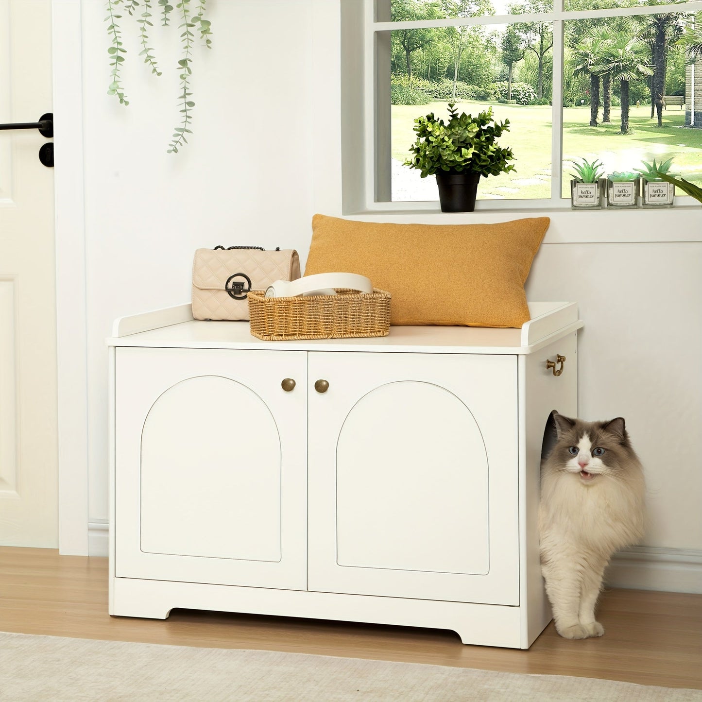 White Wooden Pet House Side End Table With Handles, Cat Litter Box Enclosure, Hidden Litter Box Furniture, Removable Partition, Waterproof Tape, For Living Room, Bedroom