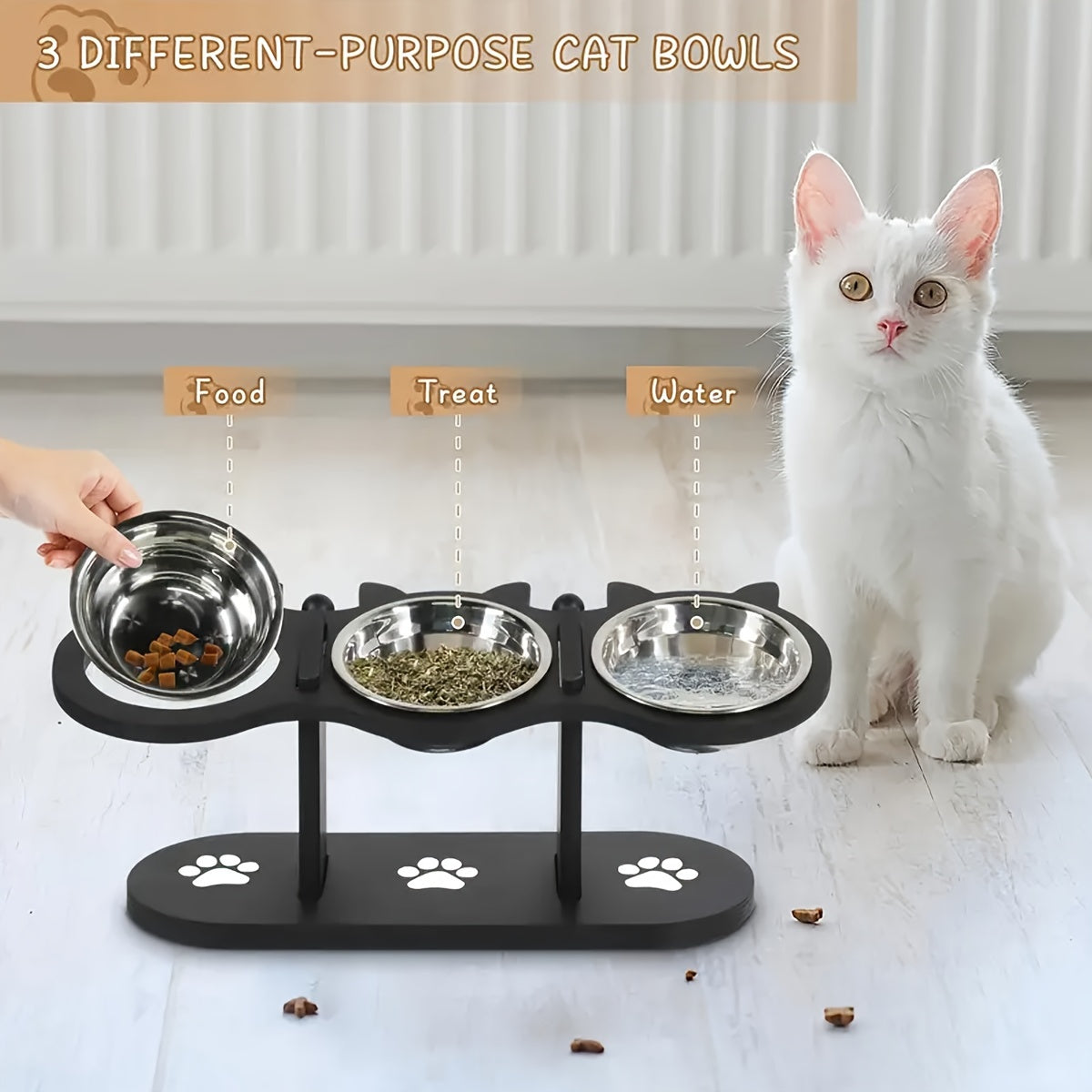 Raised Pet Feeder Station - 3 Stainless Steel Bowls, 15° Tilted, Adjustable, Elevated Cat Bowls for Cats and Small Dogs, Pet Food and Water Stand with Anti-Slip Base