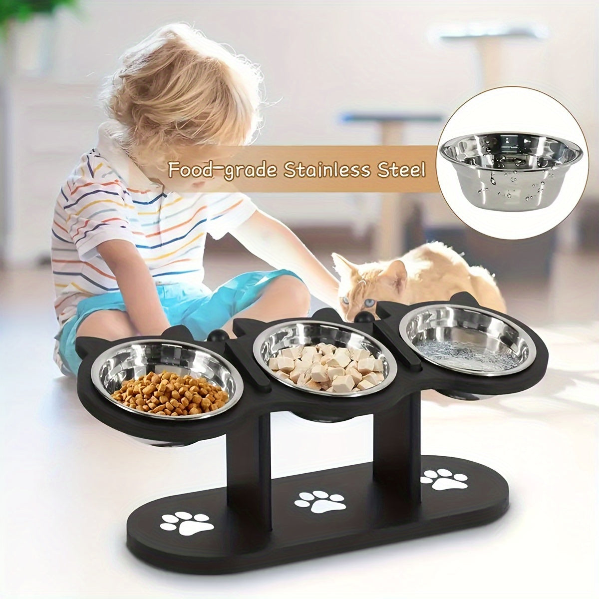 Raised Pet Feeder Station - 3 Stainless Steel Bowls, 15° Tilted, Adjustable, Elevated Cat Bowls for Cats and Small Dogs, Pet Food and Water Stand with Anti-Slip Base