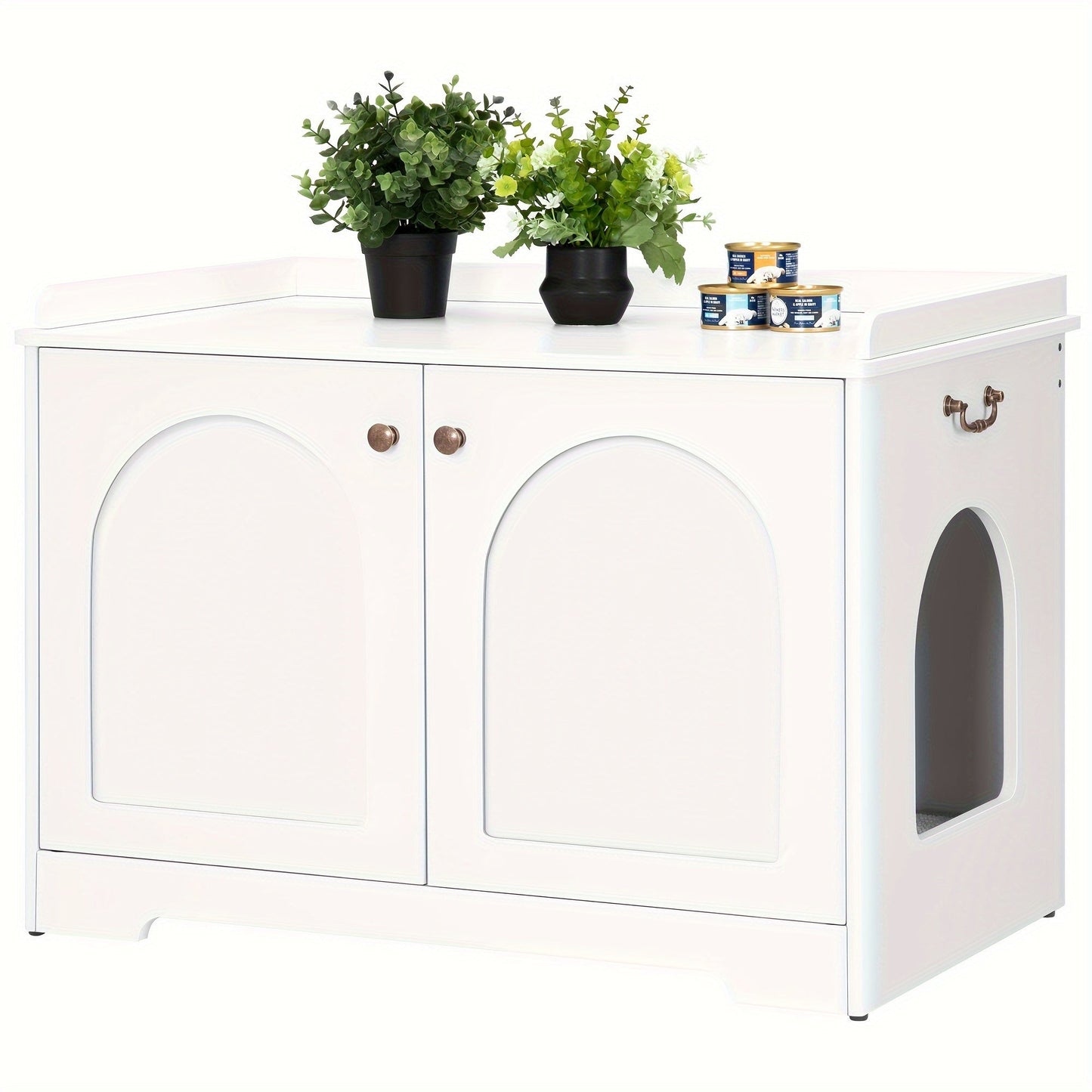 White Wooden Pet House Side End Table With Handles, Cat Litter Box Enclosure, Hidden Litter Box Furniture, Removable Partition, Waterproof Tape, For Living Room, Bedroom